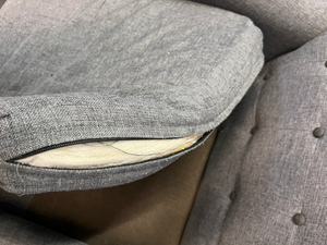 Grey Fabric Tufted L-Shape Couch — Worn Seating Cushions and Skew Feet - 2ndhandwarehouse.com