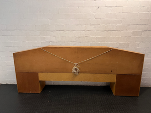 Light Oak Queen Headboard with Pedestals and Shelving — Water Damage on Dressing Table Surface - 2ndhandwarehouse.com
