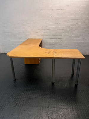 Light Oak L-Shaped Office Desk with Roller Shutter Credenza — Good Working Order with Water Damage on Surface - 2ndhandwarehouse.com