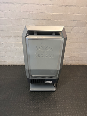 Red Bull Branded Silver Floor Standing Display Fridge — Functional with Audible Noise During O - 2ndhandwarehouse.com