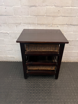 Dark Wood Bedside Pedestal with Wicker Baskets - 2ndhandwarehouse.com