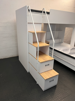 White L-Shaped Bunk Bed with Desk and Storage Cupboard — Good Condition