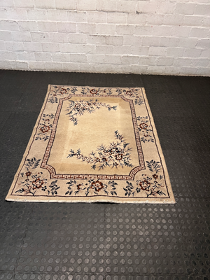Floral Bordered Area Rug with Greek Key Detail — Well Used with Visible Fading