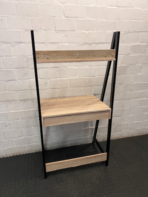 Oak Finish Ladder Desk with Metal Frame and Shelf — Slight Wear on Top Shelf Underside