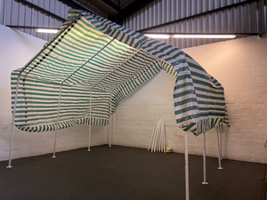 Striped Green and White Portable Canopy Carport — Fair General Condition