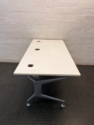 Modern White Office Desk with Grey Metal Base — Good Working Order