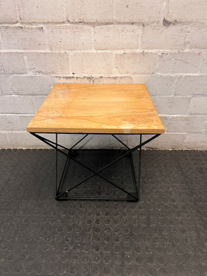Industrial Style Square Side Table with Geometric Metal Base — Used; Fair Condition