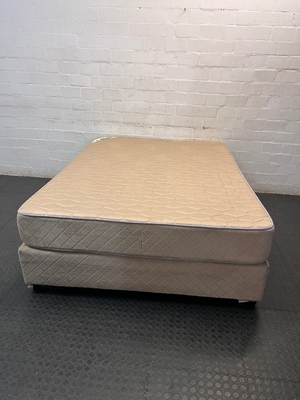 Extra Length Queen Mattress and Base Set in Beige — Fair Condition with Visible Wear