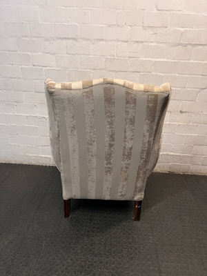 Striped Fabric Beige Wingback Chair — Good Condition