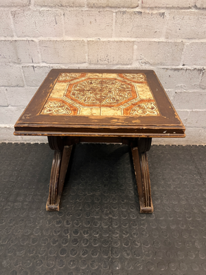 Vintage-Style Tiled Top Wooden Side Table — Significant Surface Wear and Scuffing