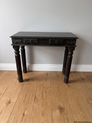 Dark Wood 2-Drawer Console Table with Turned Legs — Good Condition