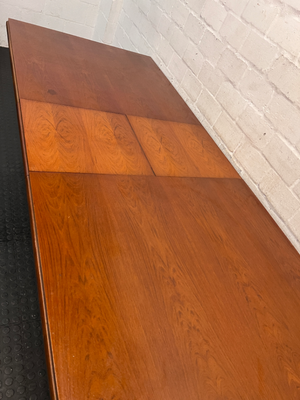 Brown Timber Dining Set with 6 Upholstered Chairs — Damaged Chair Seats and Stained Sideboard Top - 2ndhandwarehouse.com