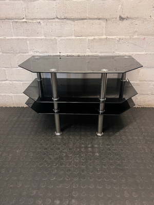 Black Glass 3-Tier TV Unit with Chrome Legs — Clean Condition with No Visible Faults - 2ndhandwarehouse.com