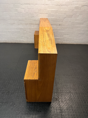 Light Oak Queen Headboard with Pedestals and Shelving — Water Damage on Dressing Table Surface - 2ndhandwarehouse.com