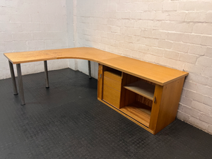 Light Oak L-Shaped Office Desk with Roller Shutter Credenza — Good Working Order with Water Damage on Surface - 2ndhandwarehouse.com