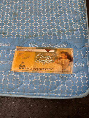 Sealy Posturepedic Queen Mattress in Blue — Visible Staining on Mattress and Base - 2ndhandwarehouse.com