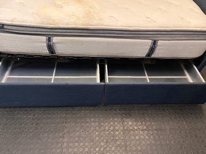 Navy Blue Upholstered Double Daybed with Mattress — Fair Used Condition with Mattress Staining