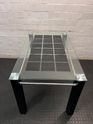 Glass Dining Table with Dark Inlay and Chrome Accents