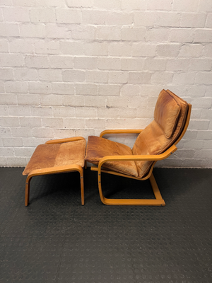 Tan Bentwood Lounge Chair and Footstool — Well Used with Significant Surface Wear