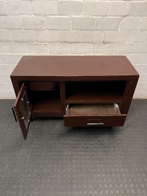 Compact Brown Wood TV Unit with Glass Door and Drawer — Good Working Order