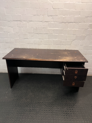 Dark Wood-Look Office Desk with 3 Drawers — Damaged Wood Surface