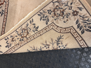 Floral Bordered Area Rug with Greek Key Detail — Well Used with Visible Fading