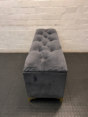 Tufted Grey Velvet Storage Ottoman with Gold Feet