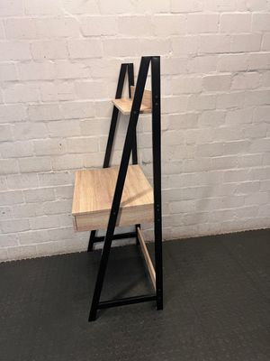 Oak Finish Ladder Desk with Metal Frame and Shelf — Slight Wear on Top Shelf Underside