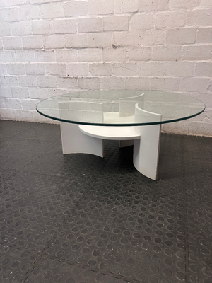 Round Glass Coffee Table with Designer White Base — Well Used Condition