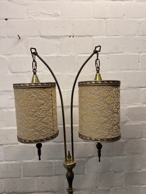 Vintage Double Arch Gold Floor Lamp with Patterned Shades — Well Used Condition