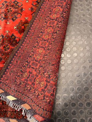 Intricate Red Persian Style Fringed Rug — Fair-Used Condition