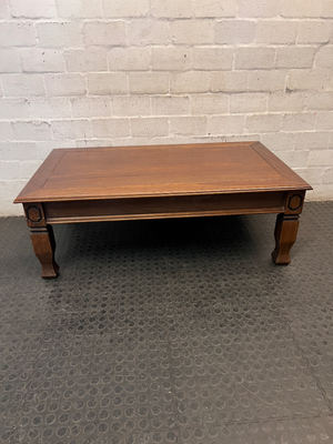 Classic Rectangular Wooden Coffee Table with Carved Legs — Fair Used Condition with Surface Wear