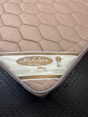 Extra Length Queen Mattress and Base Set in Beige — Fair Condition with Visible Wear