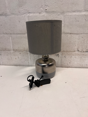 Modern Metallic Table Lamp with Grey Fabric Shade — Good Working Order