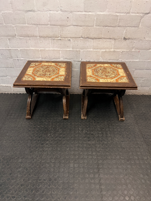 Vintage-Style Tiled Top Wooden Side Table — Significant Surface Wear and Scuffing