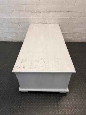 White Wooden Coffee Table with Through-Drawers — Surface Scratches and Missing Handle