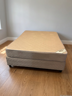 Extra Length Queen Mattress and Base Set in Beige — Fair Condition with Visible Wear