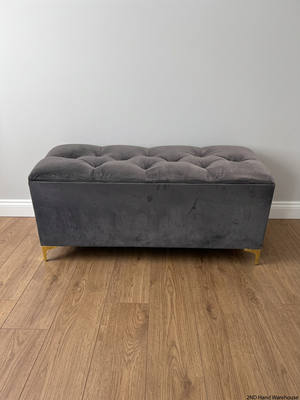 Tufted Grey Velvet Storage Ottoman with Gold Feet