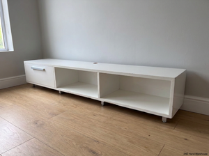 White Duco Large 2.8m TV Unit with Drawer — Used Good Condition with Minor Edge Wear - 2ndhandwarehouse.com