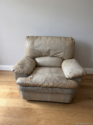 Beige Leather Recliner Armchair — Damaged Leather with Peeling and Tears