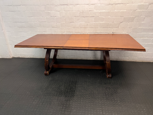 Brown Timber Dining Set with 6 Upholstered Chairs — Damaged Chair Seats and Stained Sideboard Top - 2ndhandwarehouse.com