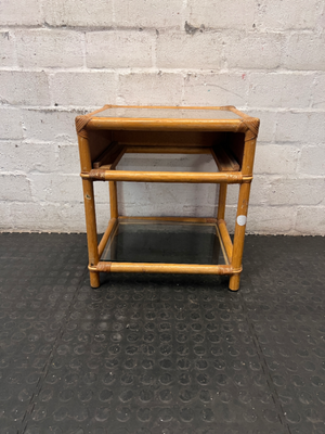 Bamboo Style Side Table with Glass Shelves — Fair Condition - Missing Drawer - 2ndhandwarehouse.com