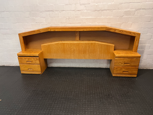 Light Oak Queen Headboard with Pedestals and Shelving — Water Damage on Dressing Table Surface - 2ndhandwarehouse.com