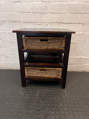 Dark Wood Bedside Pedestal with Wicker Baskets - 2ndhandwarehouse.com
