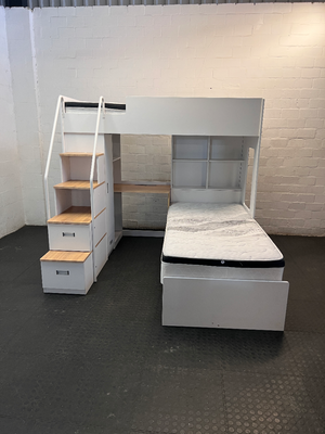White L-Shaped Bunk Bed with Desk and Storage Cupboard — Good Condition