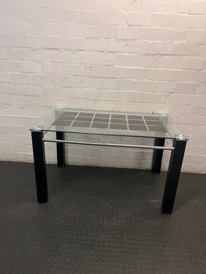 Glass Dining Table with Dark Inlay and Chrome Accents