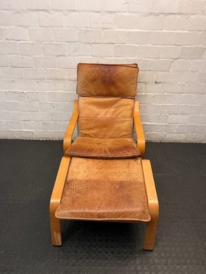 Tan Bentwood Lounge Chair and Footstool — Well Used with Significant Surface Wear