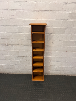 Tall Slim Pine-Finish Wooden Shelving Unit — Well Used Condition