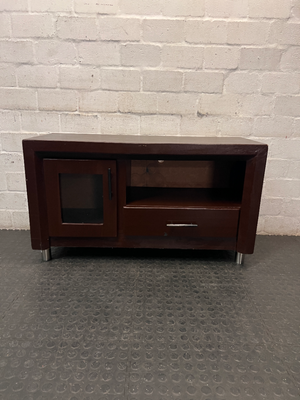 Compact Brown Wood TV Unit with Glass Door and Drawer — Good Working Order