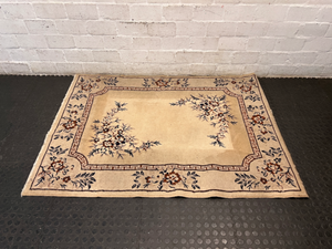 Floral Bordered Area Rug with Greek Key Detail — Well Used with Visible Fading